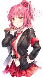 Rule 34 | 1girl, ?, absurdres, armband, belt, blush, brown eyes, closed mouth, collared shirt, cross hair ornament, expressionless, hair ornament, hand on own hip, highres, hinamori amu, long sleeves, looking at viewer, necktie, pink hair, red necktie, red skirt, school uniform, shirt, short hair, shugo chara!, skirt, solo, speech bubble, spoken question mark, tokkyu, white shirt