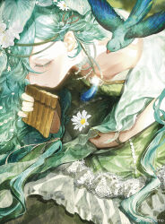 Rule 34 | 1girl, 37 (reverse:1999), absurdres, bird, closed mouth, daisy, dress, fangu, flower, from above, green bird, green dress, green hair, hair flower, hair ornament, hair over one eye, highres, holding, holding flower, holding instrument, instrument, jewelry, lace, lace-trimmed dress, lace trim, leaning forward, long hair, looking down, necklace, official alternate costume, one eye covered, pan flute, reverse:1999, solo, upper body, weibo logo, weibo watermark, white flower