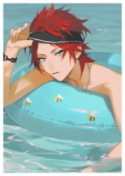 Rule 34 | 1boy, adjusting clothes, adjusting headwear, amagi rinne, blue eyes, blue innertube, border, earrings, english text, ensemble stars!, eyokiki, in water, jewelry, looking at viewer, male focus, necklace, open mouth, red hair, short hair, white border