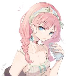 Rule 34 | 1girl, arknights, blue eyes, blue poison (arknights), blue poison (shoal beat) (arknights), bottle, braid, breasts, choker, commentary request, highres, holding, holding bottle, long hair, looking at viewer, notice lines, o-ring, o-ring choker, parted lips, pink hair, pink sports bra, simple background, small breasts, solo, sports bra, sweat, twin braids, upper body, white background, yue (shemika98425261)