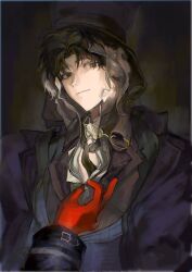 Rule 34 | 2boys, black hair, black jacket, black necktie, brown eyes, dark, glasses, gloves, highres, jacket, klein moretti, leonard mitchell, looking at viewer, lord of the mysteries, multiple boys, necktie, out of frame, partially shaded face, purple jacket, red gloves, scmakabaka, semi-rimless eyewear, shirt, short hair, white shirt