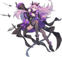 Rule 34 | 1girl, ark order, black dress, black footwear, black thighhighs, black vest, boots, bow, breasts, dress, frilled sleeves, frills, gloves, high heel boots, high heels, knife, official art, purple bow, purple eyes, purple hair, scorpio (ark order), scorpion tail, single glove, solo, tachi-e, tail, thighhighs, throwing knife, transparent background, vest, weapon, yukiyaii
