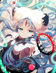 Rule 34 | 1girl, agulo, aqua eyes, blue hair, expressionless, floating hair, forehead jewel, hat, highres, kalar (race), looking at viewer, magic, outstretched arm, pointy ears, rance (series), rance 10, runes, solo, vivid kalar