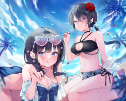 2girls absurdres all_fours ass bare_arms bikini black_bikini black_hair blue_eyes blue_sky blush braid breasts cleavage cloud crossed_bangs day ebihara_beniko eyewear_on_head flower hair_between_eyes hair_flower hair_ornament hair_ribbon hairclip heart heart-shaped_eyewear hibiscus highres large_breasts long_hair looking_at_viewer multiple_girls navel non-web_source original outdoors palm_tree ponytail red_flower ribbon short_twintails sidelocks single_braid sitting sky sunglasses swimsuit tree twintails wariza wet