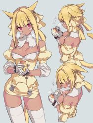 Rule 34 | 1girl, animal ears, bare shoulders, blonde hair, blunt bangs, blush, breasts, can, cat ears, cat tail, cleavage, closed eyes, dark-skinned female, dark skin, detached collar, facial mark, final fantasy, final fantasy xiv, from above, from behind, gloves, highres, hiyo moo, long hair, looking at viewer, medium breasts, medium hair, miqo&#039;te, multiple views, pencil skirt, puffy sleeves, red eyes, skirt, slit pupils, smile, steam, strapless, tail, thighhighs, tongue, tongue out, white background, white gloves, white thighhighs