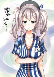 Rule 34 | 1girl, absurdres, beret, breast hold, breasts, cleavage, collarbone, employee uniform, grey eyes, hat, highres, kantai collection, kashima (kancolle), large breasts, lawson, long hair, looking at viewer, loopingwing, name tag, shirt, silver hair, smile, striped clothes, striped shirt, tsurime, two side up, uniform, upper body, vertical-striped clothes, vertical-striped shirt, wavy hair