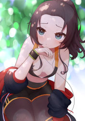 Rule 34 | 1girl, absurdres, bangs pinned back, bare shoulders, black pantyhose, black shorts, blue eyes, blush, breasts, brown hair, covered navel, downblouse, earphones, hand on own thigh, highres, hololive, jacket, leaf, leaning forward, long hair, lunch boxer, natsuiro matsuri, natsuiro matsuri (gaming casual), off shoulder, open clothes, open jacket, outdoors, pantyhose, pantyhose under shorts, ponytail, shorts, small breasts, solo, sports bra, sweat, sweatband, thighs, virtual youtuber