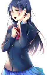 Rule 34 | 1girl, blazer, blue hair, blush, bow, bowtie, candy, chocolate, chocolate heart, commentary request, food, food in mouth, heart, highres, jacket, long hair, long sleeves, looking at viewer, love live!, love live! school idol project, mouth hold, otonokizaka school uniform, plaid, plaid skirt, pleated skirt, red bow, red bowtie, school uniform, simple background, skirt, solo, sonoda umi, striped bow, striped bowtie, striped clothes, striped neckwear, valentine, white background, yellow eyes, yumari nakura