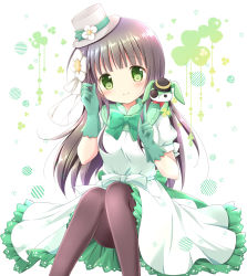 Rule 34 | 1girl, black hat, blunt bangs, blush, bow, breasts, brown hair, brown pantyhose, closed mouth, commentary request, dress, eyepatch, feet out of frame, flower, frilled dress, frills, gloves, gochuumon wa usagi desu ka?, green bow, green eyes, green gloves, grey hat, hair flower, hair ornament, hands up, hat, hat flower, head tilt, highres, knees up, long hair, medium breasts, nanase miori, pantyhose, puffy short sleeves, puffy sleeves, short sleeves, sitting, smile, solo, stuffed animal, stuffed rabbit, stuffed toy, tilted headwear, ujimatsu chiya, very long hair, white bow, white dress, white flower