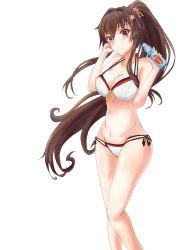 Rule 34 | 10s, 1girl, bikini, bottle, breasts, brown eyes, brown hair, cleavage, highres, kantai collection, long hair, makurano, makurano`, ponytail, ramune, simple background, solo, swimsuit, yamato (kancolle)