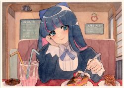 Rule 34 | 1girl, black dress, blue bow, blue eyes, blue hair, blue nails, blue ribbon, blunt bangs, blush, booth seating, border, bow, breasts, brownie (food), cake, cake slice, ceiling light, chalkboard, clock, closed mouth, collared dress, colored inner hair, commentary, cup, dress, drinking glass, drinking straw, elbow on table, elbow rest, english commentary, fei (bell fei), fingernails, food, fork, fruit, hair bow, hand on own cheek, hand on own face, head rest, highres, holding, holding fork, indoors, juliet sleeves, large breasts, long hair, long sleeves, looking at viewer, menu board, multicolored hair, nail polish, neck ribbon, panty &amp; stocking with garterbelt, pink hair, plate, puffy sleeves, ribbon, smile, solo, stocking (psg), strawberry, two-tone hair, wall clock, white border