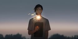 Rule 34 | 1boy, black eyes, black hair, closed mouth, commentary, fireworks, hair between eyes, highres, holding, jujutsu kaisen, kuro (grf), male focus, outdoors, scar on face, scar on forehead, shirt, short hair, short sleeves, solo, sparkler, sparks, t-shirt, upper body, white shirt, yoshino junpei