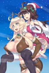 Rule 34 | 10s, 2girls, animal costume, areola slip, bare shoulders, bell, blonde hair, blue eyes, breasts, brown hair, carrying, christmas, collar, covered erect nipples, hat, highres, huge breasts, iowa (kancolle), kantai collection, kongou (kancolle), large areolae, large breasts, long hair, mizuumi (bb), multiple girls, neck bell, piggyback, reindeer costume, santa costume, santa hat