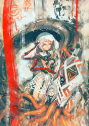 Rule 34 | 1girl, asgr, bare legs, blunt bangs, brush stroke, commentary request, facial mark, graffiti, highres, long hair, looking at viewer, machine, multicolored eyes, original, rainbow eyes, sleeveless, smile, solo, tentacles, white hair