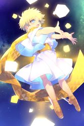 Rule 34 | 1boy, baggy clothes, blonde hair, blue eyes, blush, bright pupils, cube, echo (circa), fate/grand order, fate/requiem, fate (series), floating, full body, glowing, male focus, open mouth, parted bangs, scarf, short sleeves, sky, smile, solo, space, star (sky), star (symbol), starry background, starry sky, two-sided fabric, voyager (fate), voyager (first ascension) (fate), yellow scarf