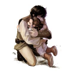 Rule 34 | 1boy, 1girl, age difference, aged down, animification, ben solo, black hair, blush, boots, brown hair, crying, hug, jedi, matsuri6373, rey (star wars), science fiction, signature, spoilers, star wars, star wars: the force awakens, tears