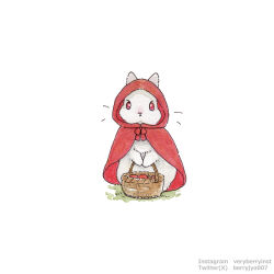 animal animal_ears animal_focus apple artist_name basket berry_jou cloak cosplay food fruit highres holding holding_basket hood hood_up hooded_cloak little_red_riding_hood_(grimm) little_red_riding_hood_(grimm)_(cosplay) no_humans original rabbit rabbit_ears rabbit_tail red_cloak simple_background tail traditional_media white_background