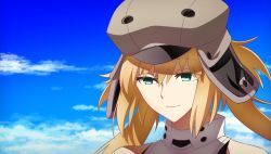Rule 34 | 1girl, artoria caster (fate), artoria caster (first ascension) (fate), artoria pendragon (fate), blonde hair, fate/grand order, fate (series), green eyes, hair between eyes, hat, highres, house tag denim, looking down, sky