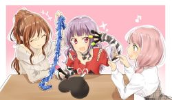Rule 34 | +++, 3girls, :d, ^ ^, bad id, bad twitter id, bang dream!, between fingers, brown hair, cellphone, closed eyes, clothing cutout, commentary request, elbow gloves, feather boa, fingerless gloves, gloves, gradient background, grey sweater, half updo, heart, heart print, high-waist skirt, holding, holding phone, imai lisa, long hair, long sleeves, low twintails, marker, muchise, multiple girls, musical note, open mouth, outline, phone, pink background, pink hair, plaid, plaid skirt, purple hair, red eyes, red shirt, ribbed sweater, shirt, shoulder cutout, skirt, smartphone, smile, sparkle, striped clothes, striped gloves, sweater, table, taking picture, twintails, udagawa ako, uehara himari, white outline, white shirt