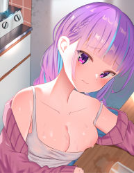 Rule 34 | 1girl, absurdres, ahoge, blue hair, blunt bangs, blush, braid, breasts, camisole, cardigan, cleavage, collarbone, colored inner hair, dunggeul dunggeul, highres, hololive, large breasts, long hair, looking at viewer, medium breasts, minato aqua, multicolored hair, pink cardigan, purple eyes, purple hair, sidelocks, solo, spill, strap slip, streaked hair, twintails, two-tone hair, virtual youtuber, wet, white camisole