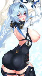Rule 34 | 1girl, absurdres, ass, backless leotard, backless outfit, black hairband, blue gloves, blue hair, blush, boots, breasts, breasts out, eula (genshin impact), genshin impact, gloves, hairband, highres, large breasts, leotard, nez-box, nipples, open mouth, short hair, skindentation, solo, thigh boots, thighhighs, thighs