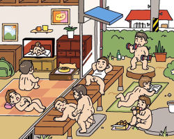 Rule 34 | &gt; &lt;, 6+boys, anal, ass, bara, bed, blush, body hair, bottomless, chibi, doggystyle, facial hair, food, lowres, lying, male focus, male penetrated, masturbation, missionary, moaning, multiple boys, neko atsume, nude, on back, on stomach, open mouth, original, outdoors, penis, public indecency, sex, sex from behind, smile, sweat, testicles, yaoi