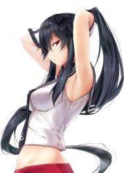 Rule 34 | 10s, 1girl, anchor symbol, armpits, arms up, black hair, breasts, from side, gloves, kantai collection, large breasts, long hair, looking at viewer, looking to the side, midriff, parted lips, ponytail, red eyes, school uniform, serafuku, sidelocks, simple background, skirt, solo, suien, very long hair, white background, white gloves, yahagi (kancolle)