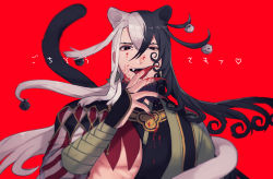 Rule 34 | 1boy, animal ears, ashiya douman (fate), asymmetrical clothes, asymmetrical hair, bad id, bad pixiv id, bell, black eyes, black hair, blood, blood on clothes, blood on face, blood on hands, blood splatter, cat boy, cat ears, cat tail, curly hair, earrings, fate/grand order, fate (series), fingernails, green kimono, hair bell, hair between eyes, hair intakes, hair ornament, japanese clothes, jewelry, kimono, licking, licking blood, licking finger, long hair, looking at viewer, magatama, magatama earrings, male focus, multicolored hair, open clothes, open kimono, ribbed sleeves, sharp fingernails, solo, split-color hair, tail, teppie (hoi teppie), toned, toned male, two-tone hair, upper body, very long fingernails, very long hair, white hair