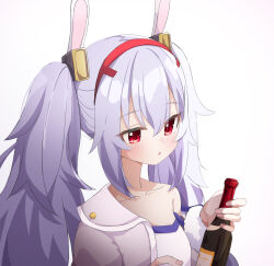 Rule 34 | 1girl, ame., animal ears, azur lane, bare shoulders, blush, bottle, camisole, collarbone, commentary request, fake animal ears, fur-trimmed sleeves, fur trim, grey background, grey hair, hairband, highres, holding, holding bottle, jacket, laffey (azur lane), long hair, long sleeves, off shoulder, open clothes, open jacket, parted lips, pink jacket, pink nails, rabbit ears, red eyes, red hairband, simple background, solo, strap slip, twintails, upper body, white camisole