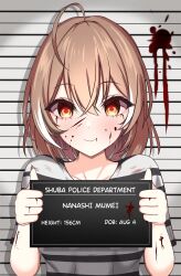 Rule 34 | 1girl, absurdres, ahoge, blood, blood on face, blood on hands, brown eyes, brown hair, closed mouth, commentary, empty eyes, english commentary, glowing, glowing eyes, hair between eyes, height chart, highres, hololive, hololive english, hood, hoodie, looking at viewer, mugshot, multicolored hair, nanashi mumei, official alternate hair length, official alternate hairstyle, panpanmc4, prison clothes, smile, solo, streaked hair, upper body, virtual youtuber, white hoodie