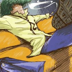 Rule 34 | 1990s (style), 1boy, cigarette, couch, cowboy bebop, green hair, lowres, male focus, red upholstery, shoe soles, shoes, sitting, smoke, smoking, solo, spike spiegel