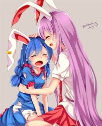 Rule 34 | 2girls, :d, ^ ^, animal ears, bloomers, blue dress, blue hair, blush, breasts, chikuwa savy, closed eyes, collarbone, crying, dress, earclip, fang, grey background, hand on another&#039;s head, long hair, low twintails, multi-tied hair, multiple girls, open mouth, parted lips, puffy short sleeves, puffy sleeves, purple hair, rabbit ears, red skirt, reisen udongein inaba, seiran (touhou), shirt, short sleeves, simple background, sitting, skirt, small breasts, smile, torn clothes, torn dress, touhou, twintails, underwear, very long hair, white shirt