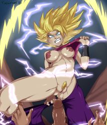 Rule 34 | 10s, 1boy, 1girl, aqua eyes, assertive female, aura, baggy pants, big hair, blonde hair, breasts, caulifla, cleavage, covered erect nipples, crop top, curvy, dragon ball, dragon ball super, electricity, erection, female pubic hair, hetero, highres, imminent penetration, imminent vaginal, large breasts, long hair, looking at viewer, navel, nude, pants, parted bangs, penis, pov, pubic hair, purple pants, pussy, pussy juice, radlionheart, shiny skin, smile, spiked hair, stomach, strapless, super saiyan, thighs, toned, tube top, uncensored, vambraces, wristband