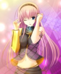 Rule 34 | blue eyes, hairband, long hair, megurine luka, navel, one eye closed, pink hair, solo, takepon, vocaloid, wink
