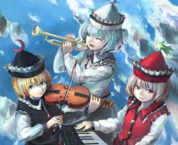 Rule 34 | 3girls, bad id, bad pixiv id, blonde hair, blue sky, bow (music), cloud, day, closed eyes, hat, ichiba youichi, instrument, keyboard (instrument), light brown hair, long sleeves, looking at viewer, lunasa prismriver, lyrica prismriver, merlin prismriver, multiple girls, music, open mouth, orange eyes, playing instrument, shirt, siblings, silver hair, sisters, sky, smile, touhou, trumpet, vest, violin, white shirt, yellow eyes