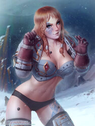 Rule 34 | 1girl, adeptus astartes, armor, armored boots, bikini armor, blue eyes, boots, braid, breasts, brown gloves, brown hair, claws, cleavage, commentary, english commentary, facial tattoo, gloves, highres, large breasts, lips, long hair, looking at viewer, navel, outdoors, pauldrons, realistic, shoulder armor, smile, snow, snowing, solo, space marine, space wolves, stomach, tattoo, themaestronoob, thigh boots, warhammer 40k