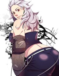 Rule 34 | 1girl, abs, ass, breasts, dorohedoro, earrings, gloves, hanaichi (hana13), highres, jewelry, long hair, looking at viewer, muscular, muscular female, noi (dorohedoro), red eyes, simple background, smile, solo, white hair
