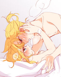 Rule 34 | 1boy, 1girl, bed sheet, blue eyes, blush, eye contact, face-to-face, from side, full-face blush, gradient background, grey background, heavy breathing, hetero, highres, implied sex, kagamine len, kagamine rin, looking at another, lying, messy hair, mimi mine, missionary, nail polish, naked sheet, on back, open mouth, profile, short ponytail, spiked hair, sweat, sweatdrop, topless male, vocaloid, yellow nails