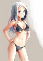Rule 34 | 1girl, bikini, black bikini, blue eyes, blush, breasts, cleavage, colored eyelashes, contrapposto, covered erect nipples, cowboy shot, hand on own hip, hands on own hips, katahira masashi, light smile, long hair, looking at viewer, medium breasts, navel, original, silver hair, simple background, smile, solo, standing, strap gap, swimsuit, thighs, underboob