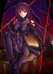 Rule 34 | 1girl, ankle boots, armor, armored boots, bare tree, bodysuit, boots, breasts, covered navel, dual wielding, expressionless, fate/grand order, fate (series), gae bolg (fate), gem, headpiece, heart, highres, holding, knee up, large breasts, lips, long hair, nokapi, outdoors, parted lips, plant, purple bodysuit, purple hair, red eyes, red gemstone, scathach (fate), scathach (fate), shoulder pads, sitting, skin tight, solo, tree, tree stump, tsurime, veil, very long hair, wind