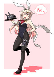 Rule 34 | 1girl, ;d, alternate costume, animal ears, armpits, bare shoulders, black pantyhose, black ribbon, blonde hair, blush, breasts, covered navel, fake animal ears, fang, hair flaps, hair ornament, hair ribbon, hairclip, hand on own hip, kantai collection, leotard, long hair, medium breasts, one eye closed, open mouth, pantyhose, pink background, playboy bunny, rabbit ears, red eyes, ribbon, scarf, sleeveless, smile, solo, standing, standing on one leg, tsukinami kousuke, twitter username, white scarf, yuudachi (kancolle), yuudachi kai ni (kancolle)