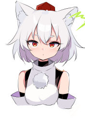 1girl bare_shoulders closed_mouth commentary_request cropped_torso detached_sleeves harakune_(mugennero) hat highres inubashiri_momiji long_sleeves pom_pom_(clothes) red_eyes red_hat shirt simple_background solo tokin_hat touhou upper_body white_background white_hair white_shirt white_sleeves