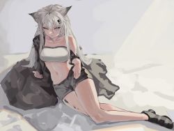 Rule 34 | 1girl, animal ears, arknights, bandeau, bare legs, bare shoulders, black footwear, black shorts, breasts, commentary, grey eyes, hair between eyes, hair ornament, hairclip, highres, lappland (arknights), long hair, looking at viewer, material growth, medium breasts, midriff, navel, off shoulder, oripathy lesion (arknights), scar, scar across eye, scar on face, shoes, short shorts, shorts, silver hair, solo, stomach, strapless, tesbori, thighs, tube top, wolf ears