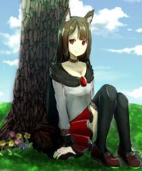 Rule 34 | 1girl, animal ears, black thighhighs, blue sky, breasts, brooch, brown hair, cleavage, cloud, cloudy sky, colored eyelashes, day, fangs, fingernails, flower, imaizumi kagerou, jewelry, long fingernails, long hair, long sleeves, long toenails, looking at viewer, nail polish, plant, red eyes, sharp fingernails, shoes, sitting, skirt, skirt set, sky, small breasts, solo, thighhighs, toenails, touhou, tree, very long hair, wolf ears, yoshiki yoshiki