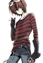 Rule 34 | 00s, cigarette, death note, denim, goggles, gun, jeans, lowres, matt (death note), one eye closed, pants, red hair, shueisha, simple background, weapon, wink