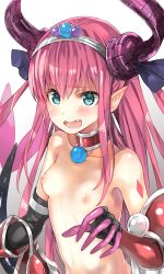 Rule 34 | 10s, 1girl, armor, bikini armor, blue eyes, blush, breasts, choker, collarbone, daiji pt, elizabeth bathory (brave) (fate), elizabeth bathory (fate), elizabeth bathory (fate/grand order), eyebrows, fang, fate/extra, fate/extra ccc, fate/grand order, fate (series), gauntlets, heart, heart-shaped pupils, horns, long hair, looking at viewer, navel, nipples, nude, open mouth, pink hair, pointy ears, shiny skin, small breasts, solo, symbol-shaped pupils, tiara, upper body