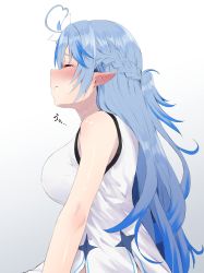 Rule 34 | 1girl, absurdres, after fellatio, ahoge, alternate costume, blue hair, blush, braid, breasts, closed eyes, closed mouth, commentary, cum, cum in mouth, dress, ear blush, female focus, flower, french braid, from side, furrowed brow, gokkun, gradient background, grey background, hair flower, hair ornament, half updo, happa freee, heart, heart ahoge, highres, hololive, large breasts, light blue hair, long hair, multicolored hair, pointy ears, profile, simple background, sleeveless, sleeveless dress, solo, sound effects, streaked hair, sweatdrop, tearing up, tears, two-tone hair, upper body, virtual youtuber, white dress, yukihana lamy