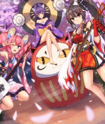 Rule 34 | 10s, 3girls, a (show by rock!!), absurdres, animal ears, barefoot, black hair, blue eyes, breasts, brown eyes, cat ears, cherry blossoms, cleavage, darudayu (show by rock!!), eruthika, guitar, happy, highres, instrument, moon, multiple girls, one eye closed, pink hair, ponytail, purple hair, show by rock!!, smile, tail, twintails, un (show by rock!!), wink, yellow eyes