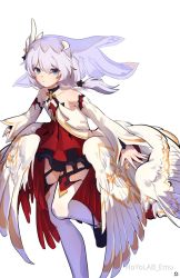 Rule 34 | 1girl, bandages, bare shoulders, blue eyes, closed mouth, dress, emu (hoyolab), feathers, highres, honkai (series), honkai impact 3rd, long hair, looking at viewer, side ponytail, simple background, sleeveless, sleeveless dress, theresa apocalypse, theresa apocalypse (celestial hymn), thighhighs, veil, white background, white dress, white hair, white sleeves, white thighhighs, wings