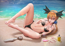 Rule 34 | 1girl, alisa southerncross, animal ears, barefoot, beach, bikini, blonde hair, grabbing another&#039;s breast, cum, cumdrip, egg vibrator, fake animal ears, feet, grabbing, grabbing own breast, highres, johnblack, keroro gunsou, long hair, looking at viewer, low twintails, nipples, ocean, open mouth, orange hair, red eyes, sand, sex toy, solo, swimsuit, thighs, twintails, vibrator